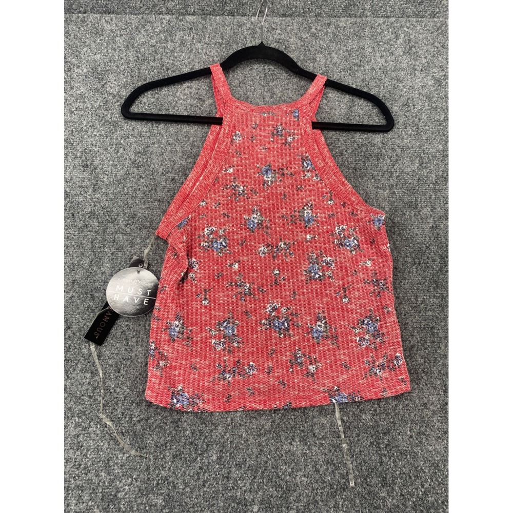 Almost Famous Floral Halter Tank Top Womens Size M Red Ribbed Knit Sleeveless